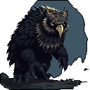 This pixel art showcases a powerful, dark owl-like beast with glowing eyes, standing watchfully. The creature's imposing presence and desaturated palette create a sense of mystery and ominous strength.
