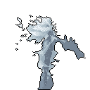 This pixel art image captures the dynamic energy of a water splash, rendered in shades of gray and white against a stark black background. The abstract form conveys turbulent motion and the implied force of the water.