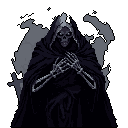 A pixelated Grim Reaper shrouded in darkness stares out, its skeletal hands clasped in an ominous pose. The figure's stark white skull and shadowy robes create a chilling and foreboding presence amidst swirling, ethereal energy.