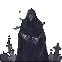 A pixel art Grim Reaper in a dark robe reaches out with glowing eyes, radiating an ominous and mysterious presence. The skeletal figure dominates the frame, emerging from a mist-shrouded graveyard hinted at in the darkness below.