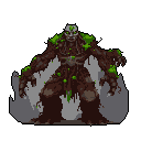 A grotesque, moss-covered earth creature rendered in pixel art stands ready to strike, its pale, skeletal face and glowing green eyes radiating an ominous aura. This corrupted force of nature dominates the scene with its powerful, undead presence.