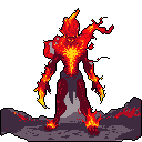 A fiery, humanoid monster made of embers dominates the scene, posed menacingly on a dark, rocky landscape. This pixel art figure exudes power and danger with its glowing core and claw-like hands, set against a stark black background.