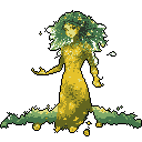A serene, nature-inspired figure with flowing vines for hair gazes out, her open hand suggesting an offering. Her organic form, rendered in earthy greens and luminous yellows, evokes tranquility and a hint of quiet power.