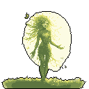 A serene, plant-like woman made of vines and leaves stands with open palms, her wild green hair haloed by a bright, celestial light. This pixel art evokes a mystical connection to nature and a moment of peaceful communion.
