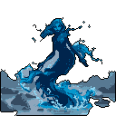 A dynamic, pixelated water spirit rises from the depths, its fluid form captured in shades of blue and grey. The figure's pose conveys a sense of movement and ethereal power.