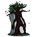 A towering, weary Ent comes to life in pixel art, its gnarled wooden form and sparse green foliage hinting at ancient magic. The figure's imposing presence is emphasized by its central placement, creating a mysterious and slightly foreboding atmosphere.