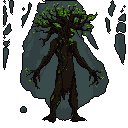 A towering treant, rendered in detailed pixel art, stands silently amidst a dark forest, its leafy crown and outstretched branches hinting at ancient power. The figure's somber, earthy tones evoke a sense of mystery and ominous stillness in the deep woods.
