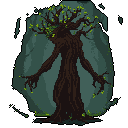 A powerful, sentient Ent stands guard in a dark forest, its glowing green eyes piercing the gloom. The imposing tree-creature exudes an aura of ancient power and natural defense.