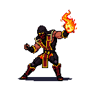 Pixel art Scorpion, poised for battle, unleashes a fiery attack. The iconic fighter's menacing stance and glowing eyes are rendered in high-contrast pixel detail, capturing his raw power.