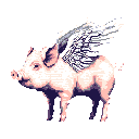 A whimsical pixel art pig with outstretched wings stands ready to fly, embodying the idiom "when pigs fly" with retro charm.