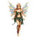 A serene pixel art fairy with flowing blonde hair and leafy green attire stands poised with translucent wings. The image captures a magical and ethereal essence.