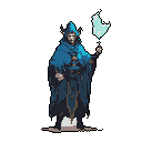 A cloaked elf, rendered in detailed pixel art, casts a shimmering blue spell with a solemn expression. The figure's dark robes and pale skin contrast with the bright magical effect, creating a mysterious and powerful image.