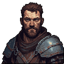 A stern, pixelated warrior stares intently forward, his weathered armor and serious expression hinting at battles fought and hardships endured. The earthy tones and gritty details create a somber yet resolute portrait.