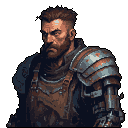 A rugged, battle-worn character with a grim expression stares intently, hinting at a harsh world. His layered armor, metallic pauldron, and cybernetic arm suggest a blend of fantasy and sci-fi elements.