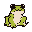 This pixel art image features a cute, stylized frog sitting squarely and gazing directly at the viewer. The minimalist design and limited color palette evoke a charming, nostalgic feel reminiscent of early video game graphics.