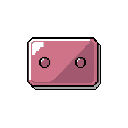 A cute, blocky pink character with simple eyes stares forward, its soft shading giving it a dimensional, whimsical feel. Floating in a black void, the pixel art figure exudes a charming, retro aesthetic.