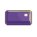 A glossy, purple button with a yellow highlight and outline pops against a black background. This simple pixel art evokes a clean, digital aesthetic reminiscent of early video game interfaces.
