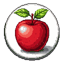 A vibrant, pixelated red apple with green leaves is presented as a still life icon against a stark white circular frame. Shading and highlights give the retro-style fruit a surprisingly lifelike and appealing quality.