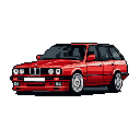 This pixel art showcases a vibrant red BMW E30 M3 Touring conversion, rendered in detail with a clean, retro aesthetic. The focus is entirely on the car's design, highlighting its classic features in a striking and nostalgic style.