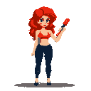 This pixel art depicts a stylish woman with bright red hair and a matching bralette, holding a microphone or brush with red drips on her arm. Her bold look and wide-eyed gaze create a quirky and confident vibe against the black background.