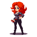 This pixel art portrays a confident woman with fiery red hair and a smirk, casually holding a small, red weapon. Her stylish, dark outfit and intense gaze create a striking and slightly dangerous vibe.