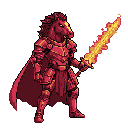 A majestic horse-headed warrior clad in crimson armor stands ready for battle, wielding a vividly flaming sword. This pixel art portrait exudes power and fantasy, showcasing a formidable figure with glowing eyes and a commanding presence.