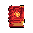 This pixel art showcases an ornate, magical book, its aged pages glowing with golden light. Rich with detail and featuring a prominent emblem, the book exudes an aura of ancient knowledge and fantasy.