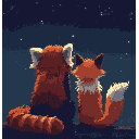 A pixelated red panda and fox sit side-by-side, gazing at a starlit sky in a peaceful moment of companionship. Their warm colors pop against the dark navy background, creating a tranquil and nostalgic scene.