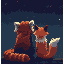 A pixel art image captures a serene moment as a red panda and fox sit side-by-side, gazing up at a starlit night sky. The warm, earthy tones of the animals create a cozy contrast against the vast, dark blue background, evoking a feeling of quiet companionship and wonder.