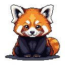 This pixel art features an adorable, seated red panda with big, innocent eyes against a stark background. The warm color palette and symmetrical pose create a charming and gentle vibe, highlighting the creature's cuteness.