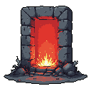 A weathered stone archway pulses with intense, fiery light from within, suggesting a portal to a realm of raw energy or a hidden forge. Sparks erupt from the gateway, hinting at the potent forces contained within the ancient structure.