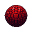 A captivating pixel art sphere constructed from red cubes glows against a stark black background, its faceted surface catching light and shadow to create a mysterious, radiant form. The intricate detail and dramatic lighting give the object a futuristic and precious quality.