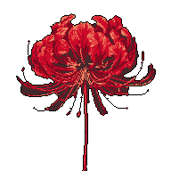 This pixel art image showcases a vibrant red spider lily in full bloom, its delicate petals and stamens rendered with surprising detail against a stark black background. The flower's intense color and solitary presentation evoke a sense of dramatic beauty.