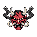 This pixel art showcases a striking red Oni mask, complete with fierce tusks, horns, and a snarling expression. Set against a black void, the intimidating demonic face exudes power and menace through its sharp details and high-contrast color palette.