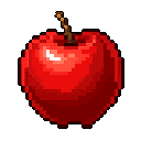 A vibrant pixel art apple, rendered in rich reds with a striking highlight, pops against a stark black background. The simple, iconic design evokes a sense of health and nostalgia.