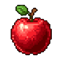 A plump, vibrant red apple, rendered in nostalgic pixel art, is showcased against a stark black background. The simple yet striking image captures the fruit's freshness with detailed highlights and shadows.