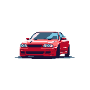 This pixel art showcases a dynamic red sports car, its retro design radiating speed and energy. The vibrant shades of red, contrasted with light blue highlights, create a visually striking and nostalgic image.