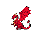 A pixelated red dragon dominates the frame, poised mid-air in a dynamic pose, exuding power and a hint of danger. Yellow highlights accentuate the dragon's scales and features against a solid black background, creating a vibrant and intense image.