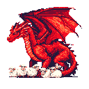 A watchful red dragon protectively crouches over a flock of small, white sheep. The pixelated artwork creates a whimsical scene, contrasting the dragon's fearsome nature with its gentle guardianship.