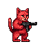 A stern, red-furred, anthropomorphic cat stands ready with a submachine gun, its determined stance and focused expression creating an unsettling yet darkly humorous image against a stark black background.