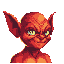 A sly, red-skinned goblin smirks in this nostalgic pixel art portrait, his sharp features and piercing blue-green eyes hinting at mischief. The warm color palette and close-up view create an unsettling yet captivating image.
