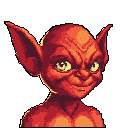 This pixel art portrait captures a mischievous red goblin with a sly smirk, its piercing yellow eyes hinting at a cunning nature. The creature's unsettling yet intriguing presence is amplified by the warm, monochromatic color scheme.