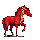 A fierce, pixelated dragon horse dominates the frame with its fiery red coat and sandy yellow scales. Poised and alert, this mythical steed exudes power and majesty against a stark black background.
