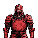 A stoic, red-armored knight stands ready, filling the frame with a sense of power and mystery. The pixel art portrait emphasizes the imposing figure and metallic feel of the armor against a stark, isolating background.