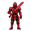 A powerful pixel art knight stands ready for battle, clad in striking red armor and wielding a matching broadsword against a stark black void. The closed visor and aggressive stance create a mysterious and potentially intimidating figure.