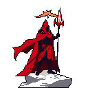 A cloaked, dark-armored knight stands on a snowy field, their flaming spear casting an ominous glow. This pixel art warrior exudes power and mystery with a striking contrast of red, orange, and black.