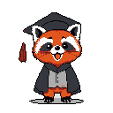 This pixel art features an adorably joyful red panda, dressed in graduation attire, radiating celebratory enthusiasm. The charming character's bright colors and happy expression pop against the stark background, creating a delightful and engaging image.
