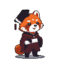 A charming pixel art red panda, dressed in academic regalia, stands proudly with a gentle smile. This formally attired character exudes an air of accomplishment, capturing a nostalgic and heartwarming vibe.