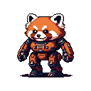 A pixel art image features an adorable red panda suited up in detailed robotic armor, standing at attention with a hint of a smile. The design blends nature and technology in a playful and whimsical way.