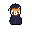 This pixel art portrait features a mysterious figure in dark clothing with striking white eyes and possibly a masked lower face. The limited color palette and stark black background add to the ambiguous and retro aesthetic.